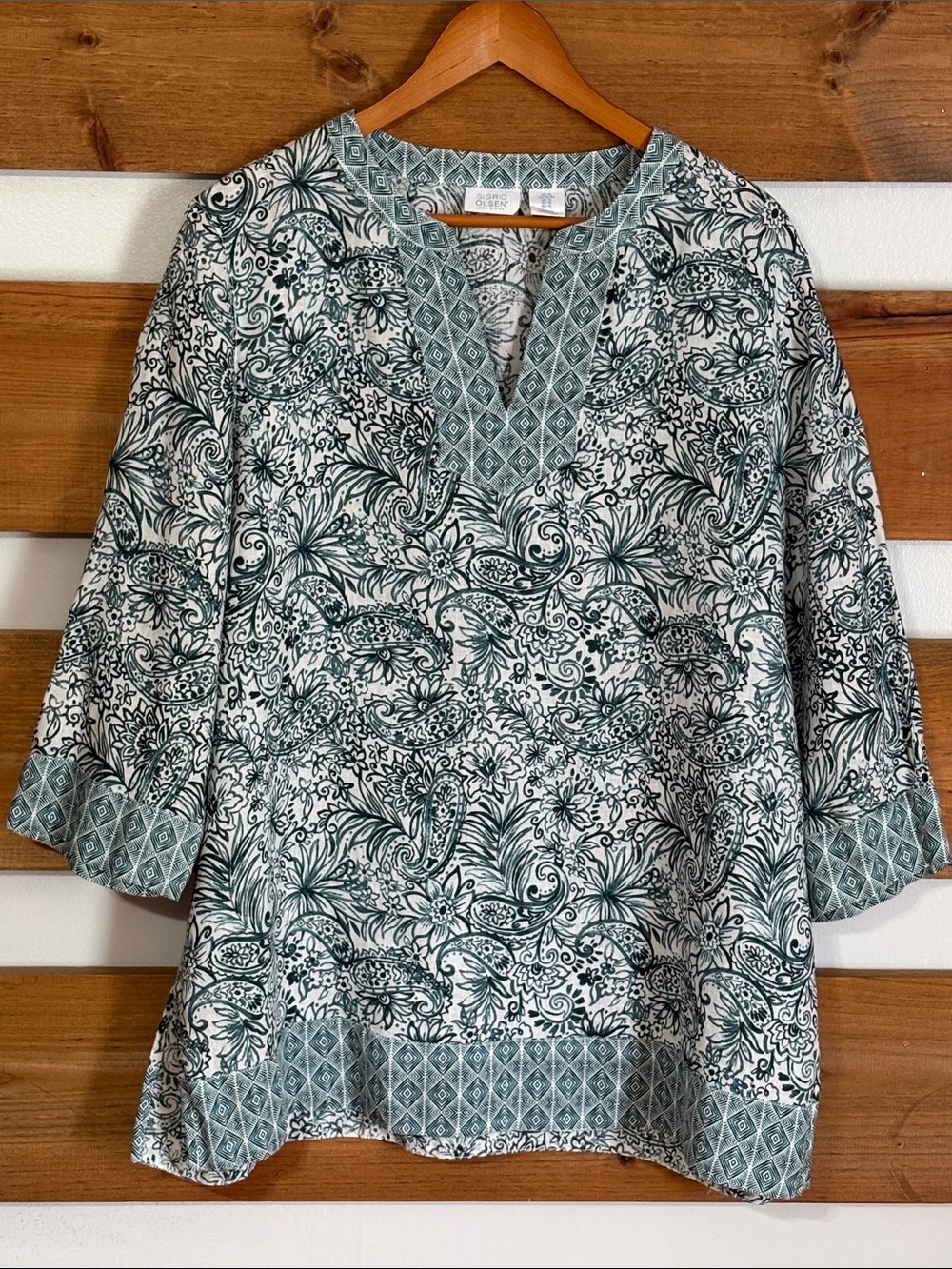Sigrid Olsen 100% Linen 3/4 Sleeve V-Neck Green & White Tunic Blouse Size XL